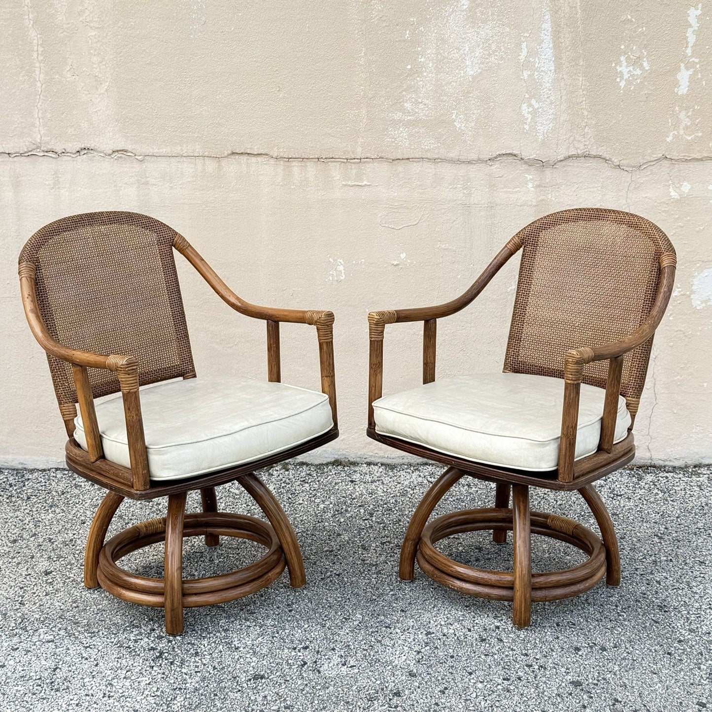Vintage Hollywood Regency Bentwood Rattan Bamboo Swivel Chair Dining Set - 5 Pcs