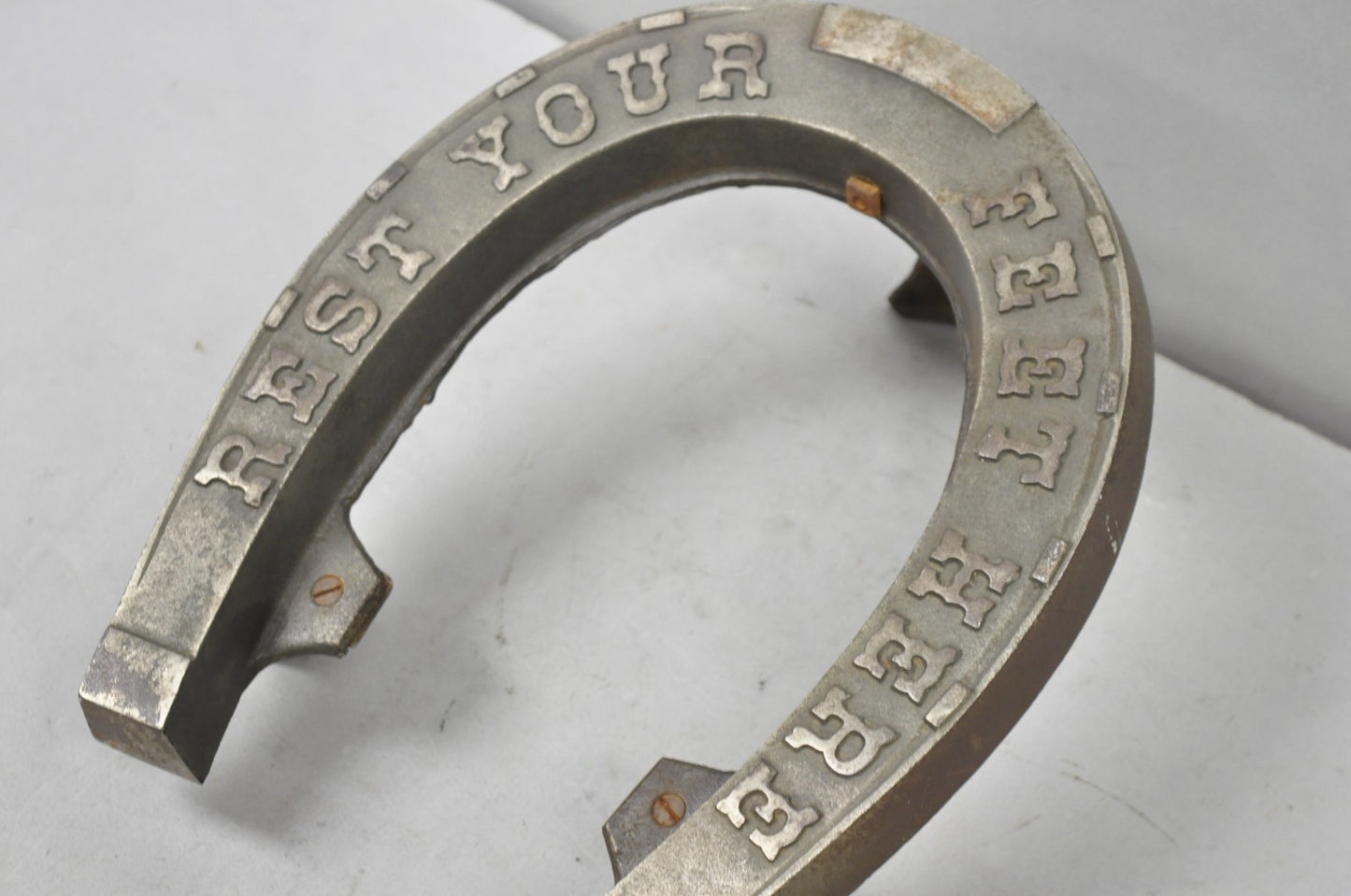 Antique Victorian Metal "Rest Your Feet Here" Cowboy Horseshoe Footstool Stool