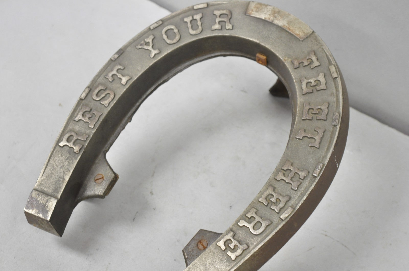 Antique Victorian Metal "Rest Your Feet Here" Cowboy Horseshoe Footstool Stool