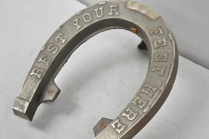 Antique Victorian Metal "Rest Your Feet Here" Cowboy Horseshoe Footstool Stool