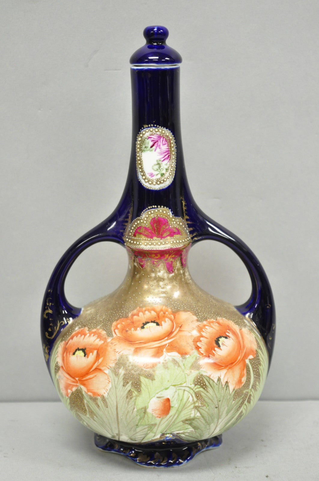 Antique Royal Nippon Hand Painted Nishiki Cobalt Blue Floral Vase With Stopper