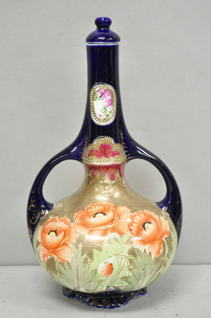 Antique Royal Nippon Hand Painted Nishiki Cobalt Blue Floral Vase With Stopper