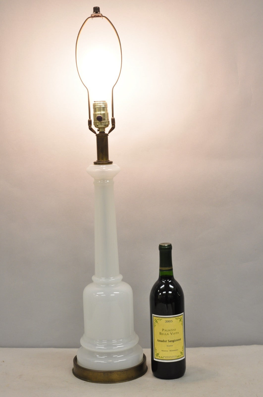 Vintage French Neoclassical White Opaline Glass Column Brass Mounted Table Lamp