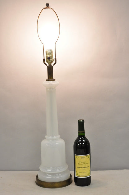 Vintage French Neoclassical White Opaline Glass Column Brass Mounted Table Lamp