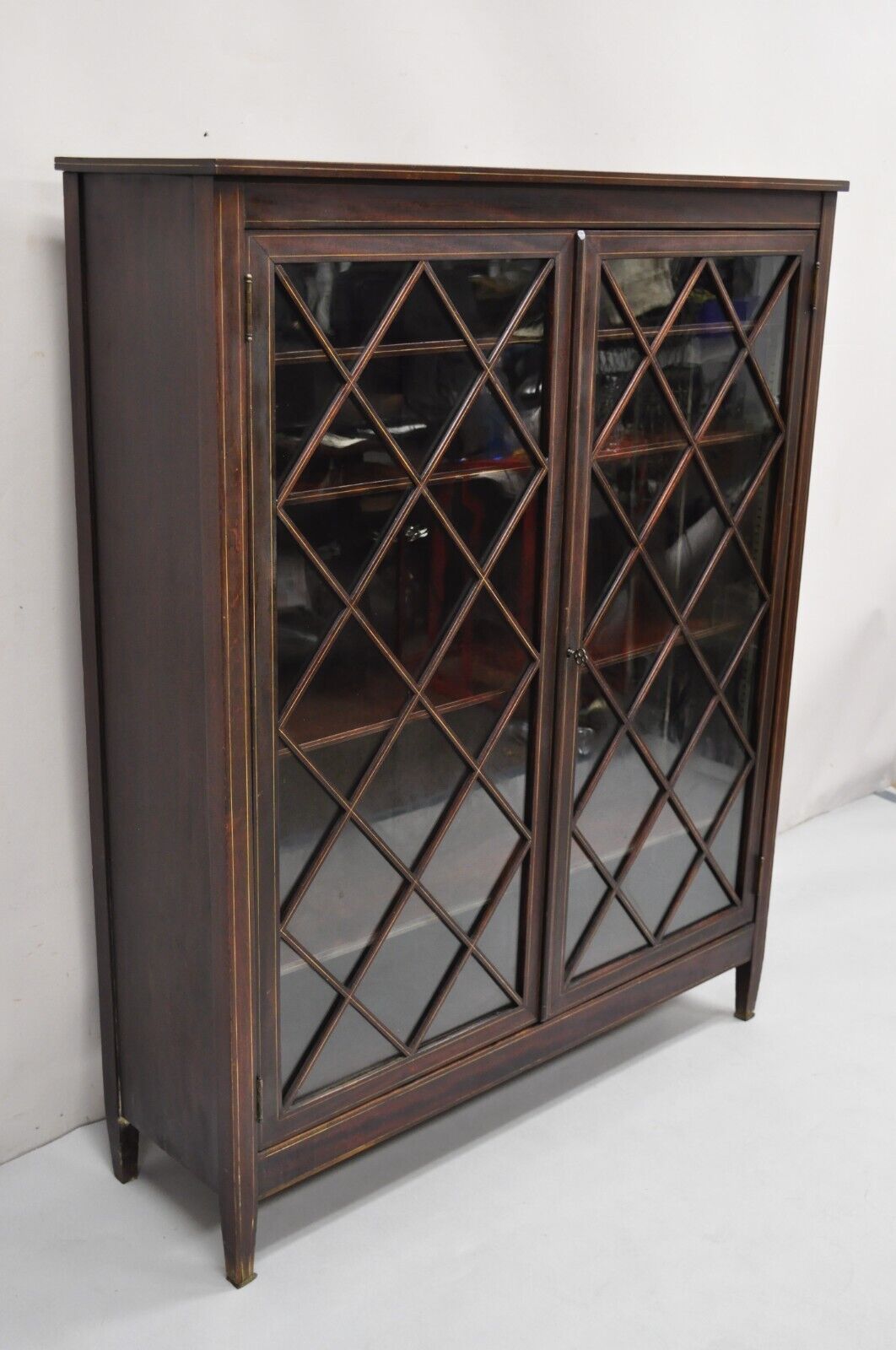 Antique Edwardian Mahogany Lattice Inlaid 2 Door 52" Closed Bookcase