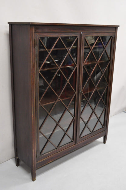 Antique Edwardian Mahogany Lattice Inlaid 2 Door 52" Closed Bookcase