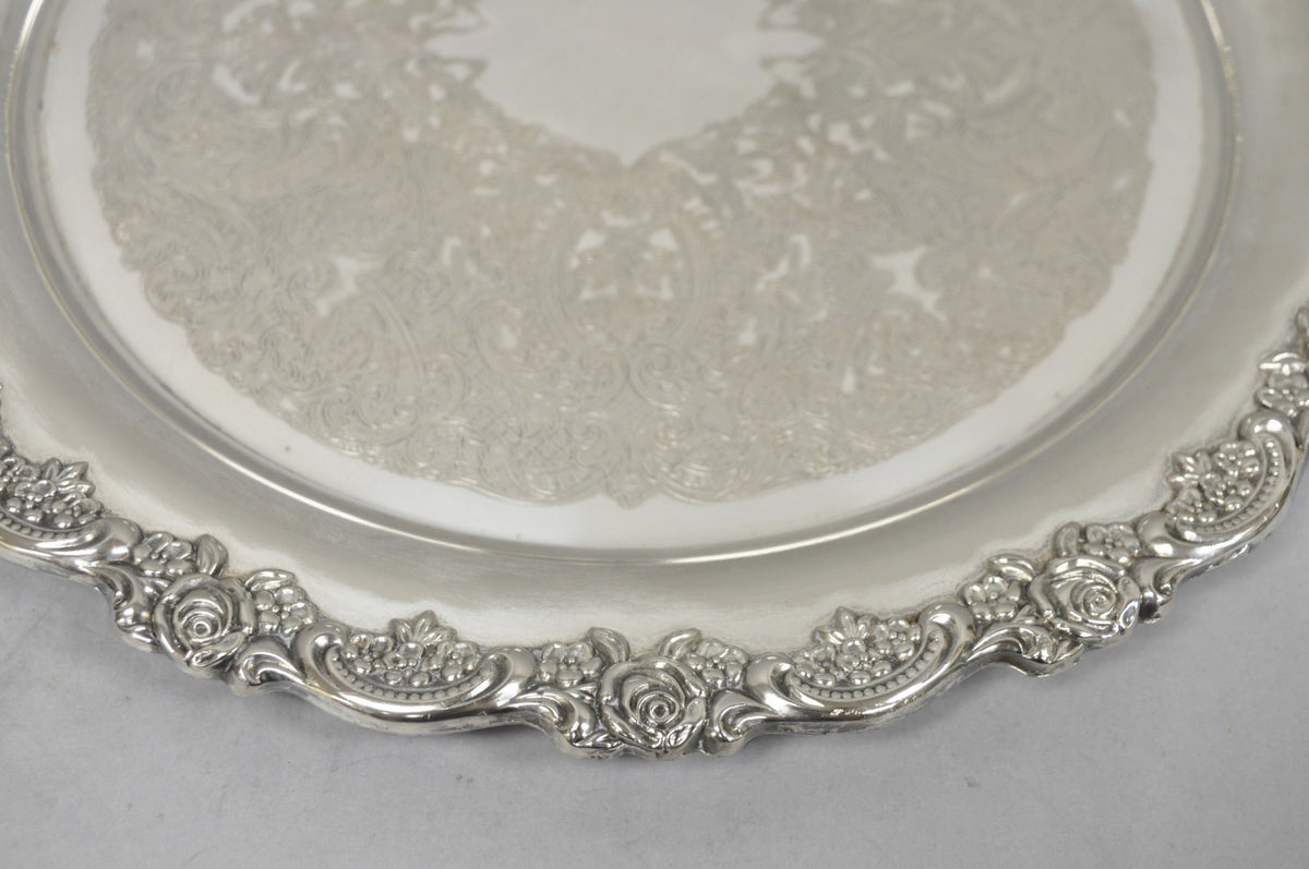 Vintage Oneida Victorian Round Silver Plated Serving Platter Tray w/ Handles