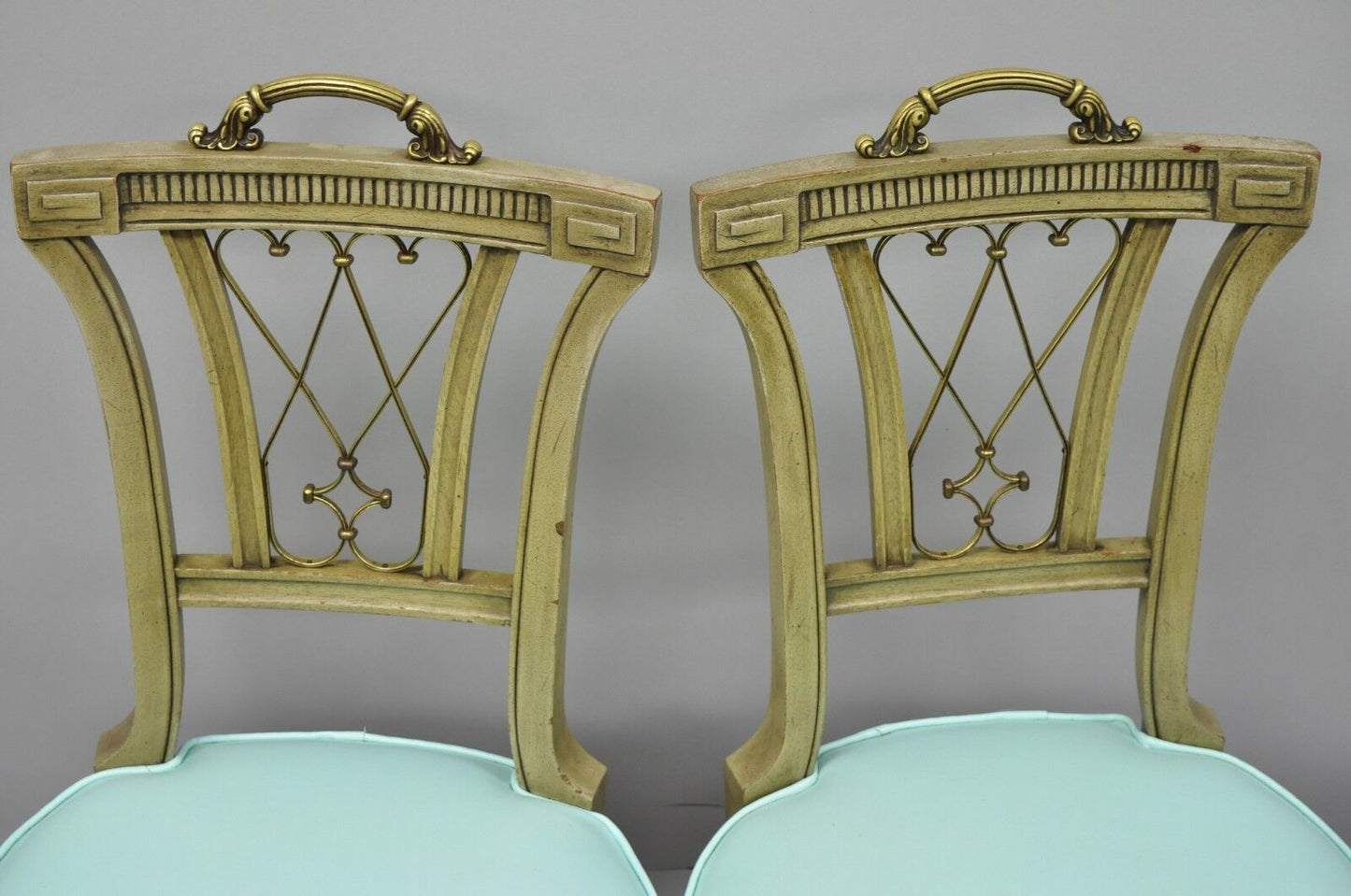 Pair of Carved Mahogany French Regency Style Chairs w/ Brass Handle & Aqua Vinyl