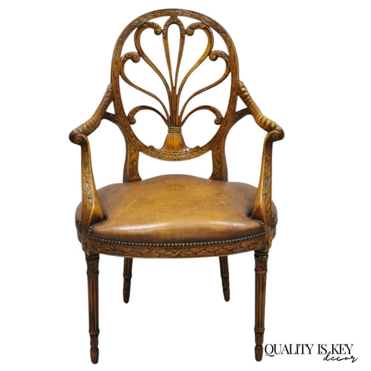 Theodore Alexander Neoclassical Regency Style Carved Mahogany Leather Arm Chair