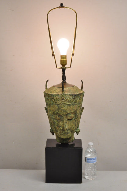 Vintage Thanh Le Vietnam Verdigris Bronze Siamese Buddha Bust Head Table Lamp