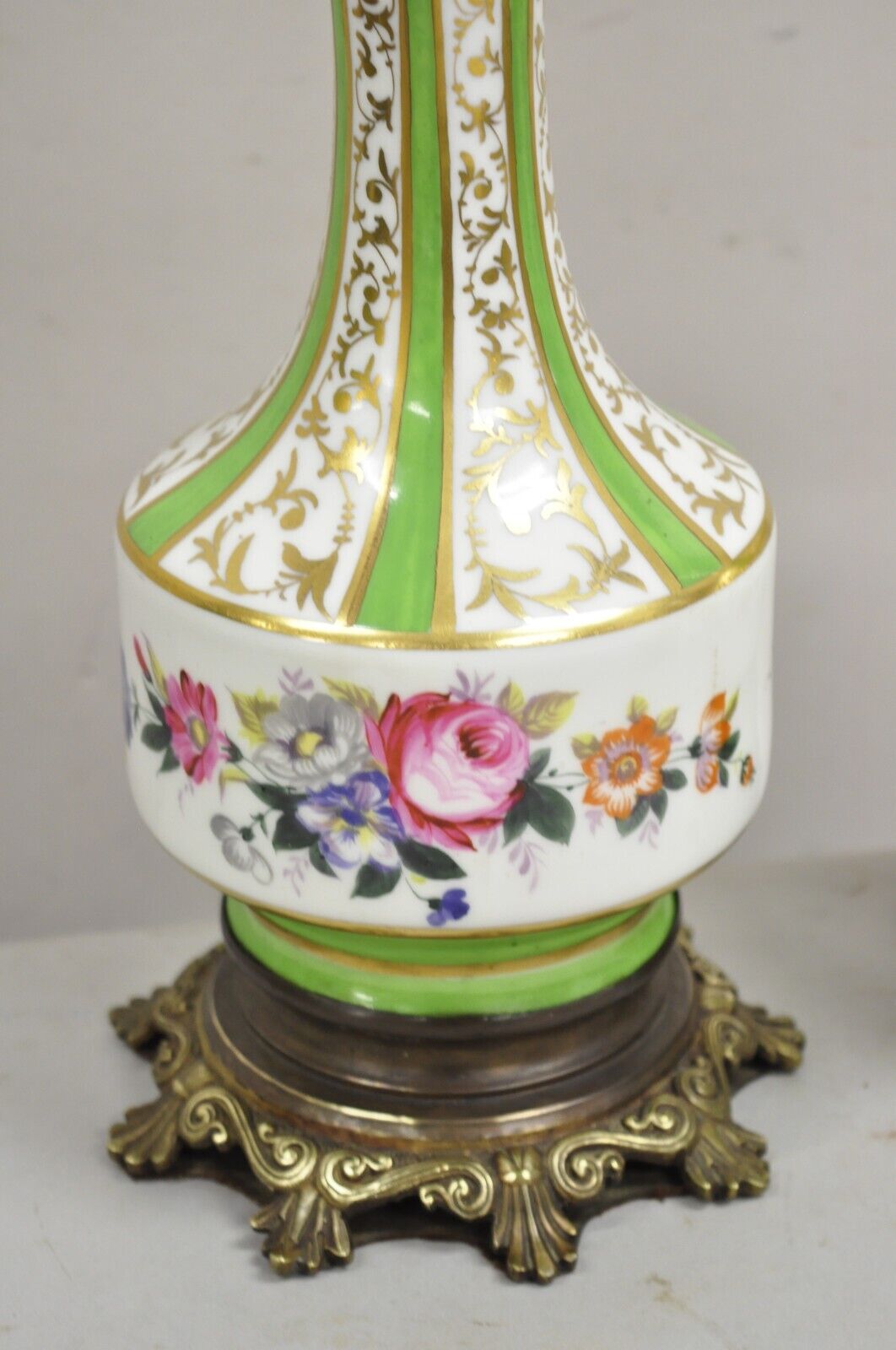 Antique French Victorian Paris Porcelain Green Floral Rose Table Lamps - a Pair