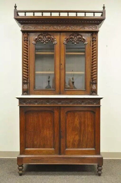 19th C. French Renaissance Carved Walnut Marble Top Bookcase Buffet Cabinet