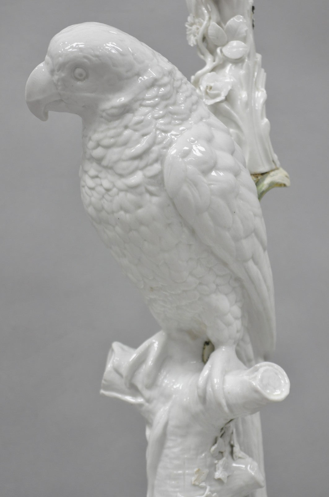 Antique Italian Blanc de Chine White Porcelain Perched Parrot Bird Table Lamp