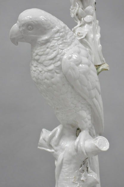 Antique Italian Blanc de Chine White Porcelain Perched Parrot Bird Table Lamp