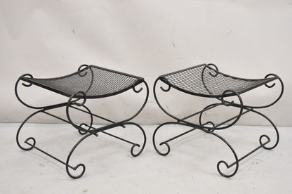 Vintage Hollywood Regency Black Wrought Iron Curule Scrolling Bench (A)