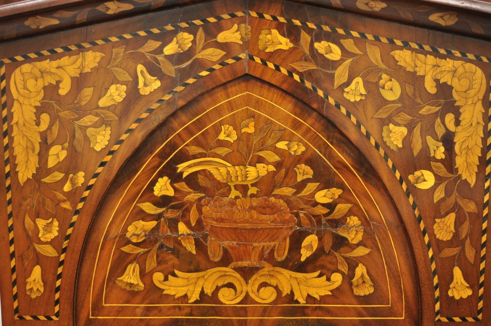 19th Century Satinwood Dutch Marquetry Inlaid Beveled Glass Console Wall Mirror