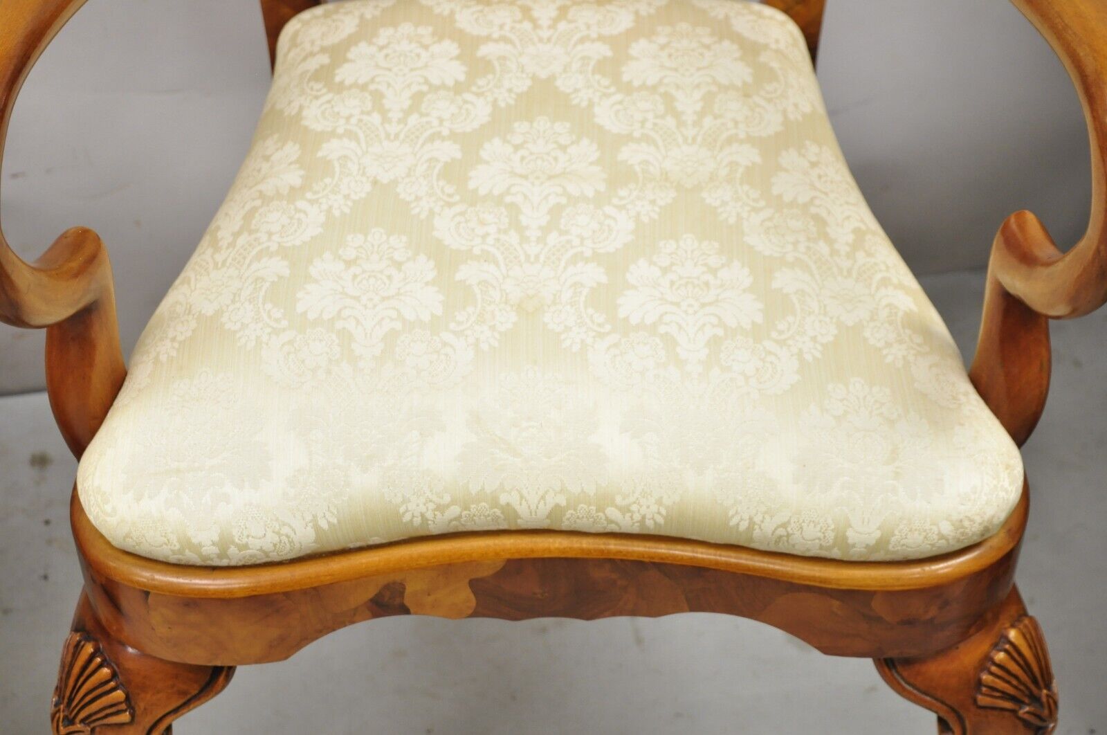 Vintage Queen Anne Style Italian Burl Patchwork Floral Inlay Arm Chairs - a Pair