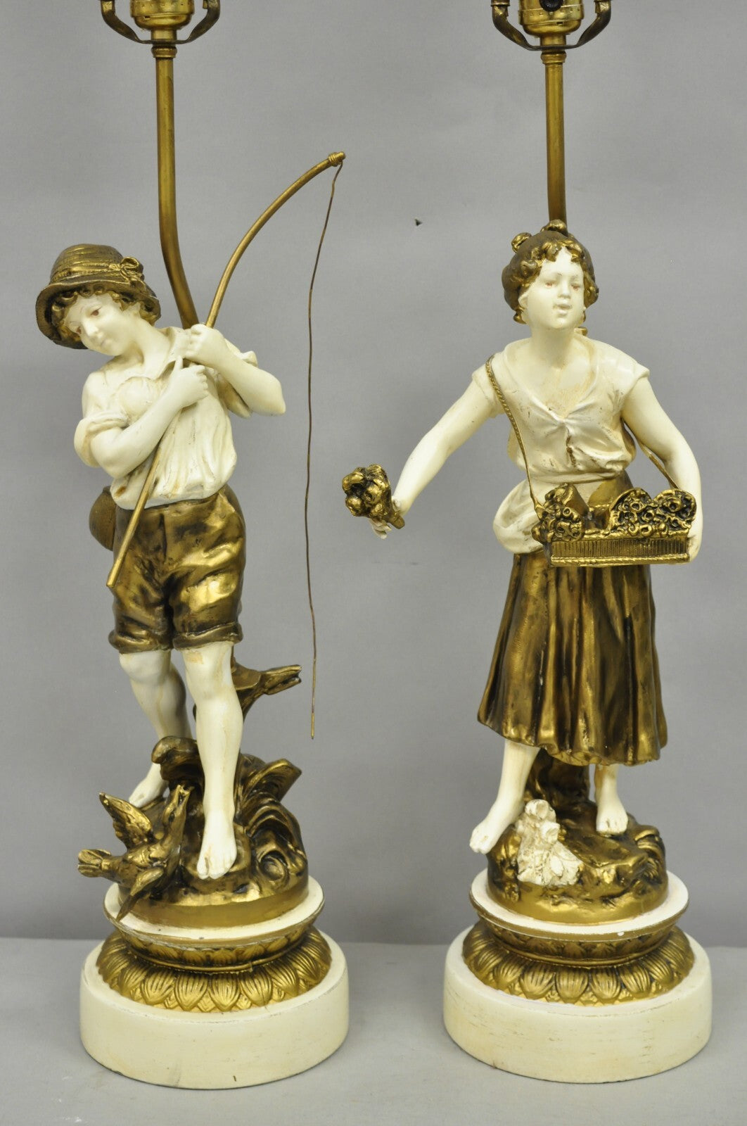 Antique French Victorian Moreau Figural Metal Boy and Girl Table Lamps - a Pair
