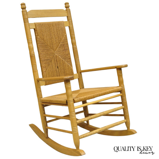 American Primitive Rustic Oak Wood Rush Seat Rocking Chair by Cracker Barrel