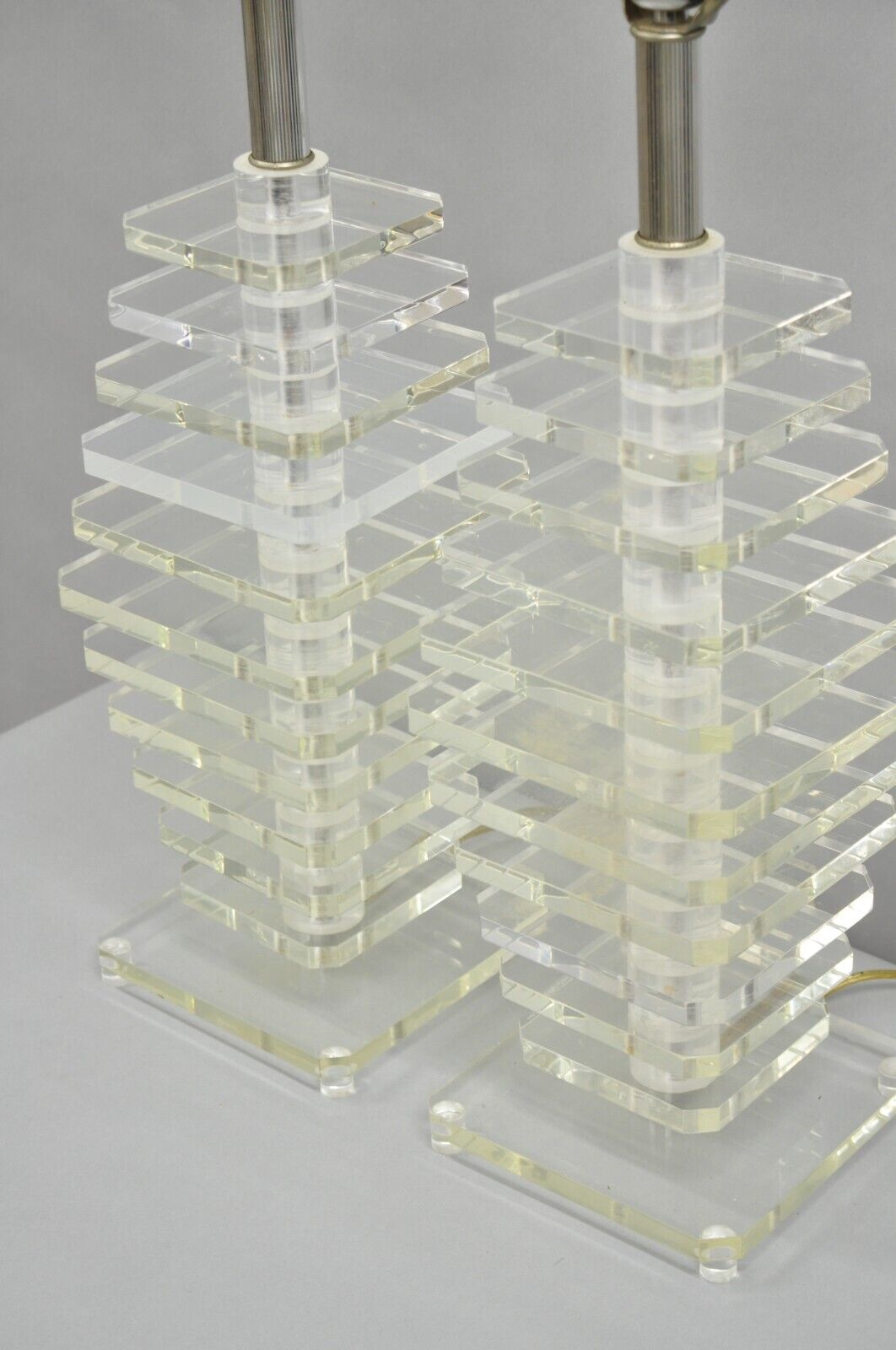 Vintage Mid Century Modern Stacked Lucite Skyscraper Table Lamps - a Pair