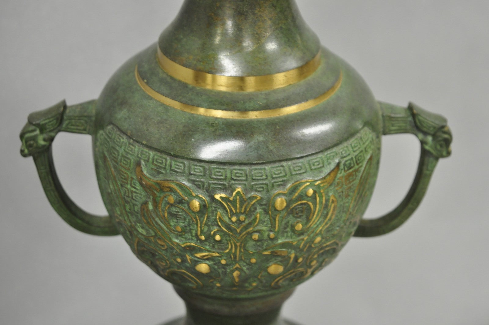 Chinoiserie James Mont Style Green Bronze Chinese Foo Dog Table Lamps - a Pair