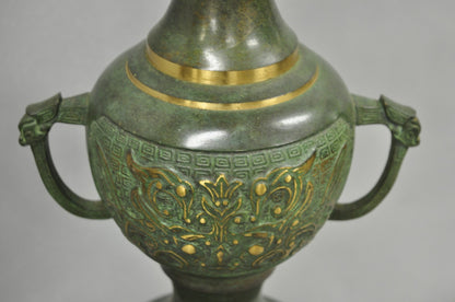 Chinoiserie James Mont Style Green Bronze Chinese Foo Dog Table Lamps - a Pair