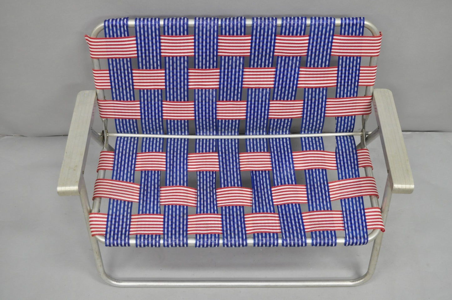 Vintage Childs Size American Flag Webbing Folding Aluminum Lawn Chair Loveseat