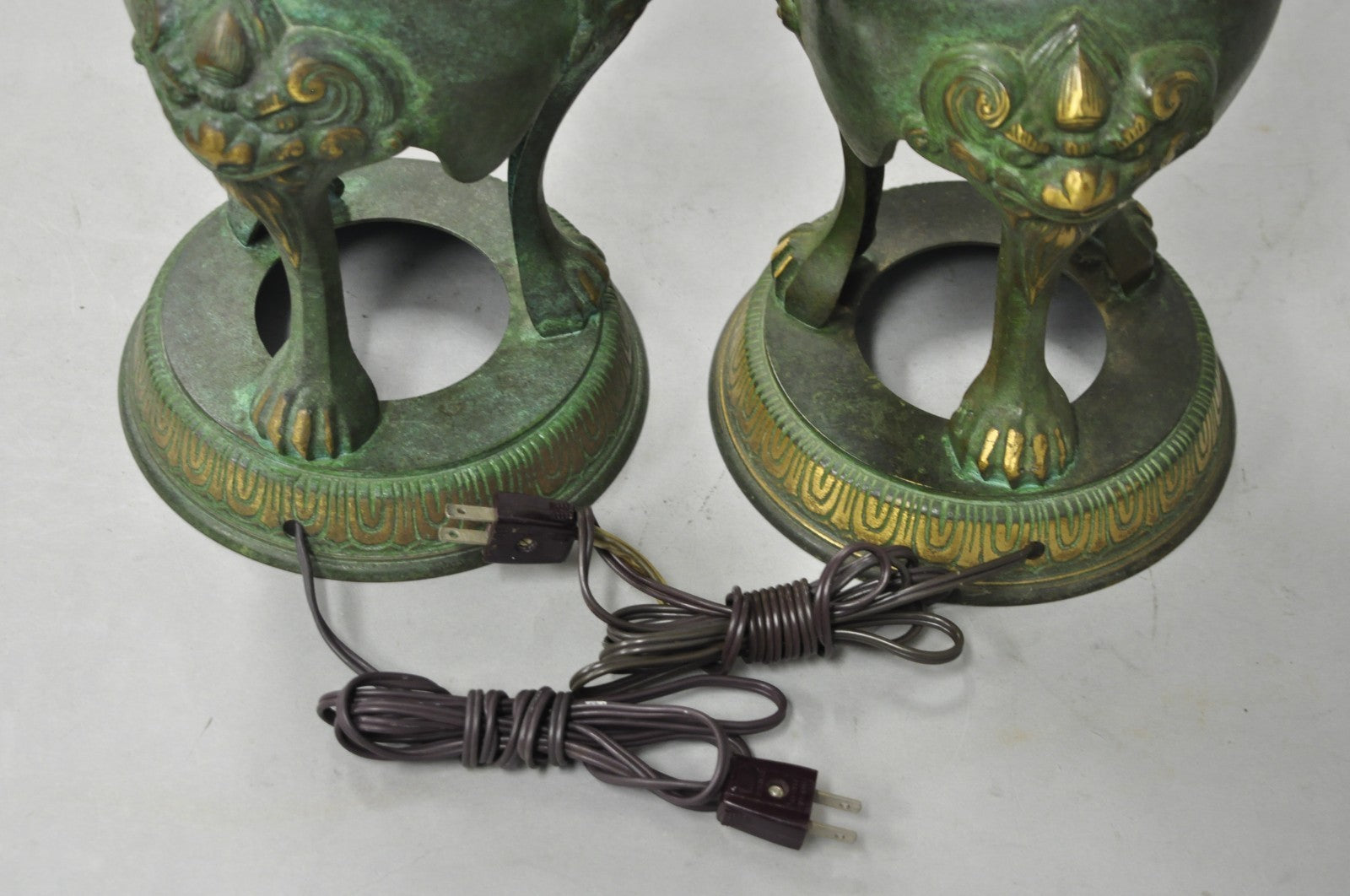 Chinoiserie James Mont Style Green Bronze Chinese Foo Dog Table Lamps - a Pair