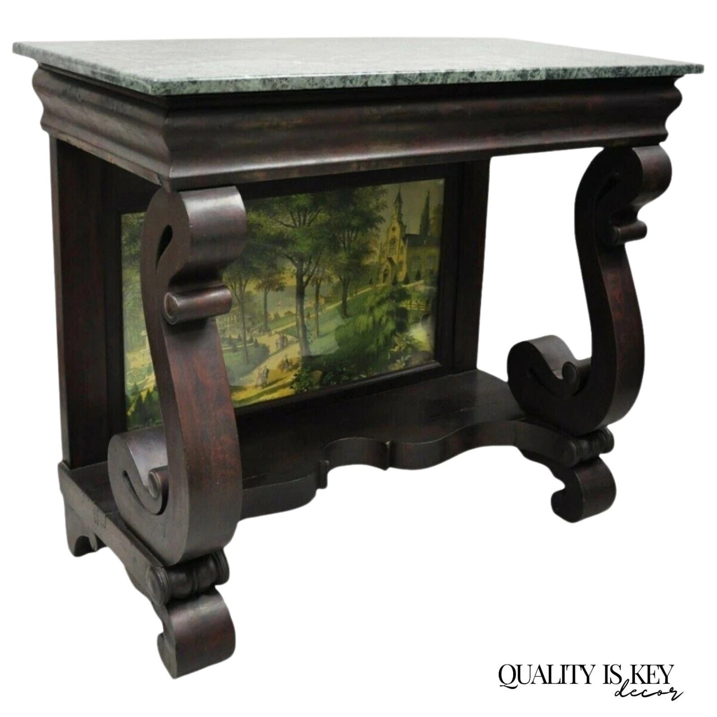Antique American Empire Mahogany Green Marble Top Console Hall Table