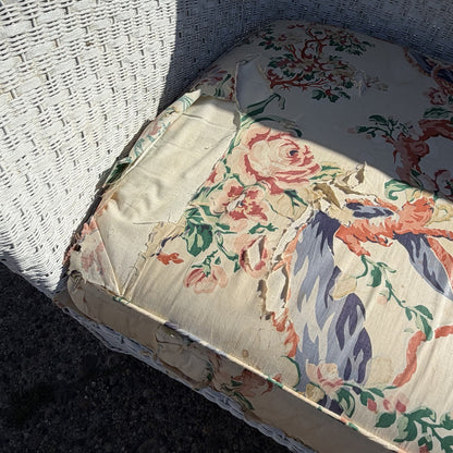 Antique Victorian White Wicker Rattan Sunroom Patio Sofa w/ Loose Cushions