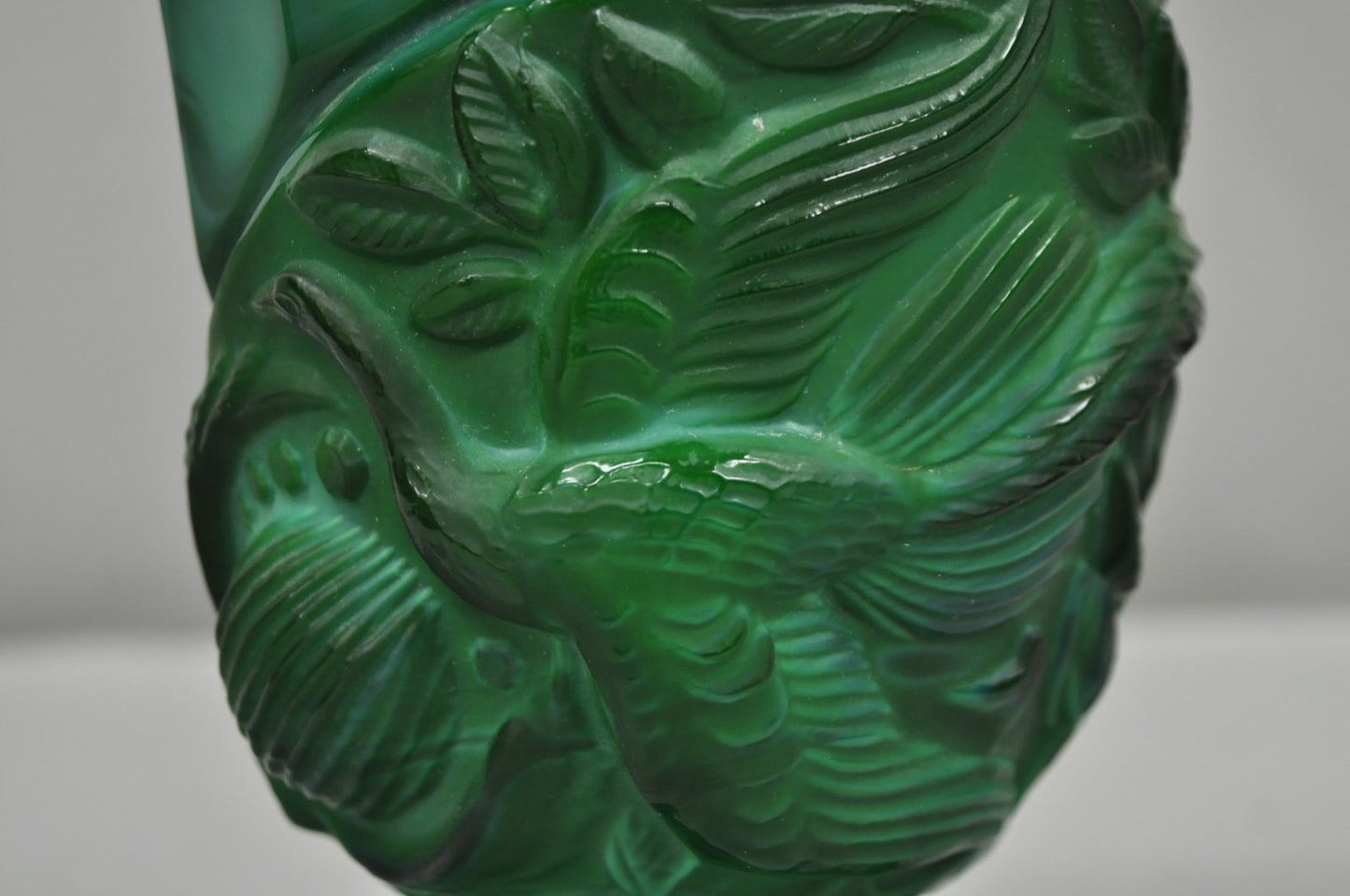 Antique Art Deco Malachite Jade Green Czech Glass Pedestal Vase with Bird