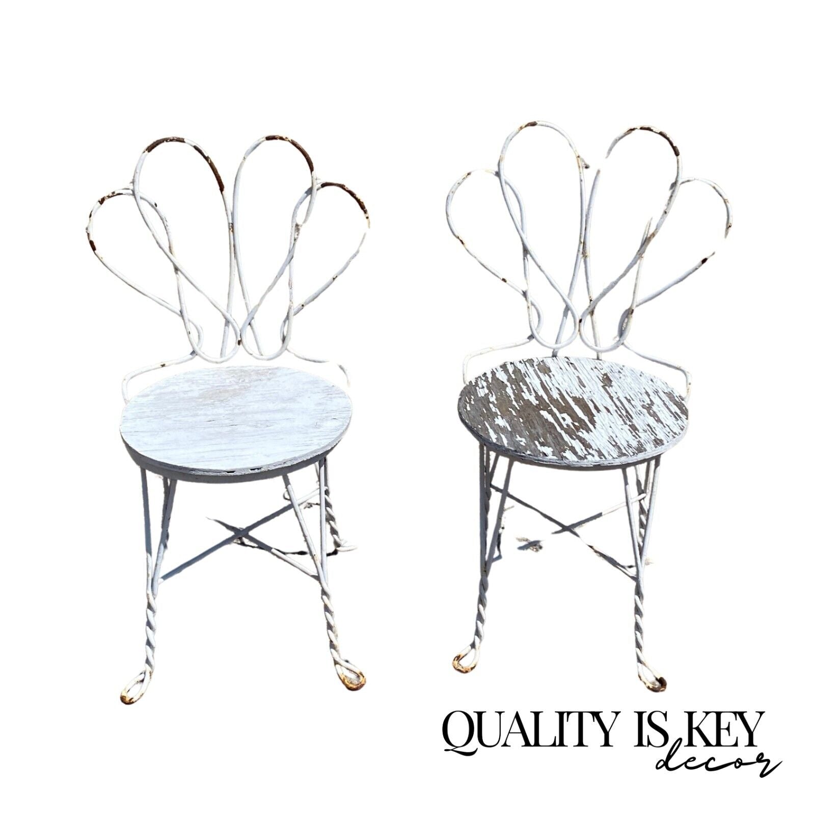 Antique French Bistro Twisted Wrought Iron Ice Cream Parlor Chairs -  a Pair
