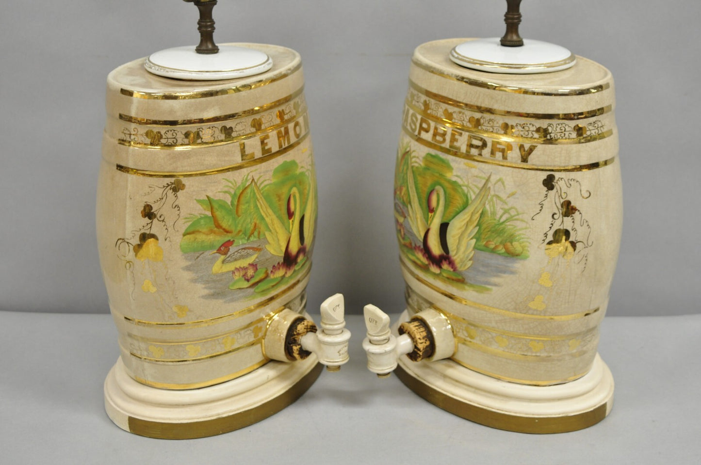 Antique Nichols Salford & Co Raspberry & Lemon Spirit Barrel Table Lamps a Pair