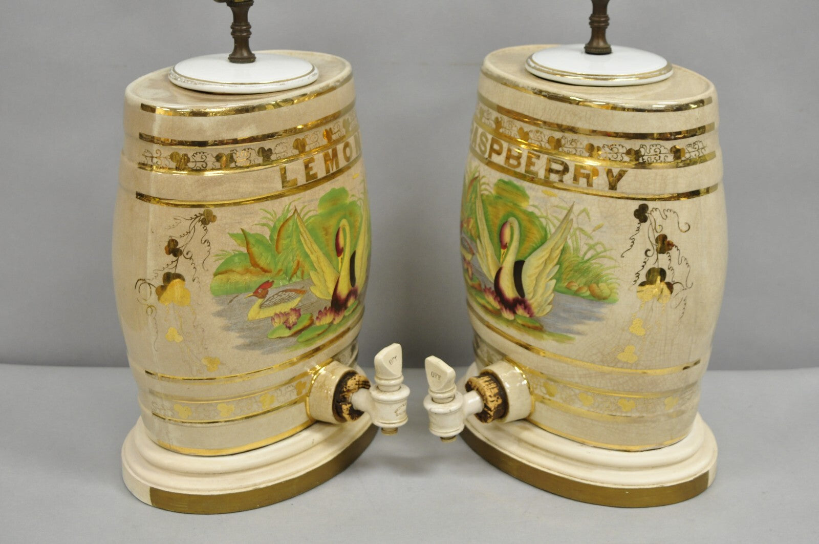 Antique Nichols Salford & Co Raspberry & Lemon Spirit Barrel Table Lamps a Pair