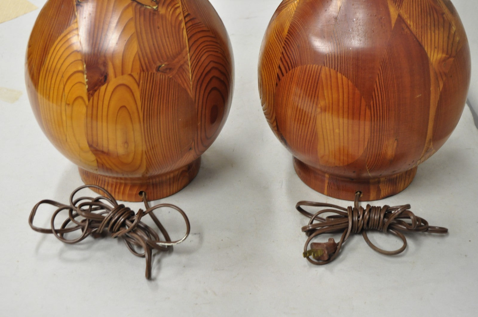 Vintage Mid Century Modern Bulbous Sculpted Swedish Pine Wood Table Lamps, Pair