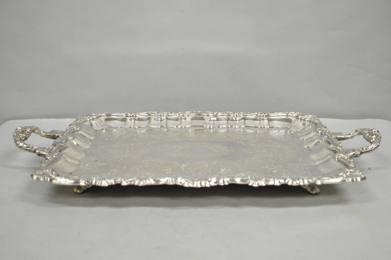 Vintage Victorian Silver Plated Rectangular Twin Handle Footed Bar Serving Tray
