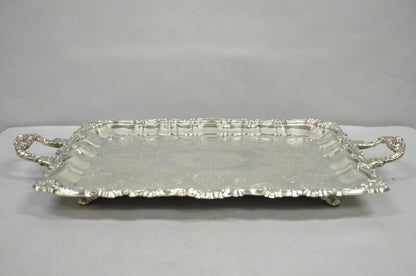Vintage Victorian Silver Plated Rectangular Twin Handle Footed Bar Serving Tray