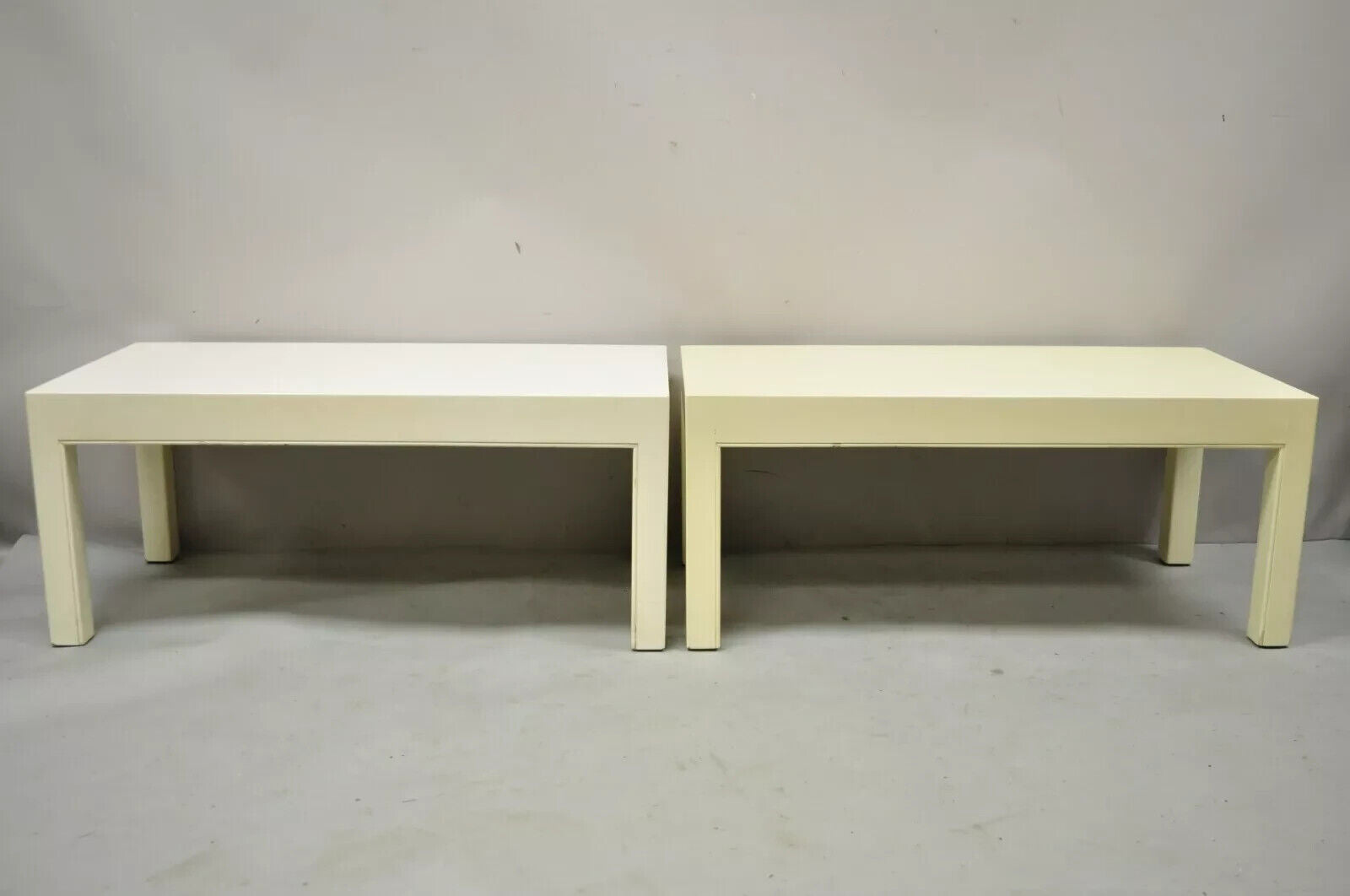 Vintage Modern Solid Wood Cream Lacquered Parsons Low Pedestal Side Table - Pair