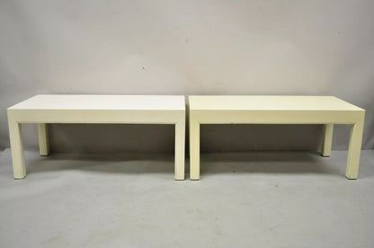 Vintage Modern Solid Wood Cream Lacquered Parsons Low Pedestal Side Table - Pair