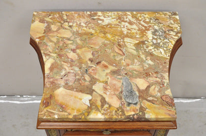 French Louis XVI Style Marble Top Satinwood Inlay Mahogany Nightstands - a Pair