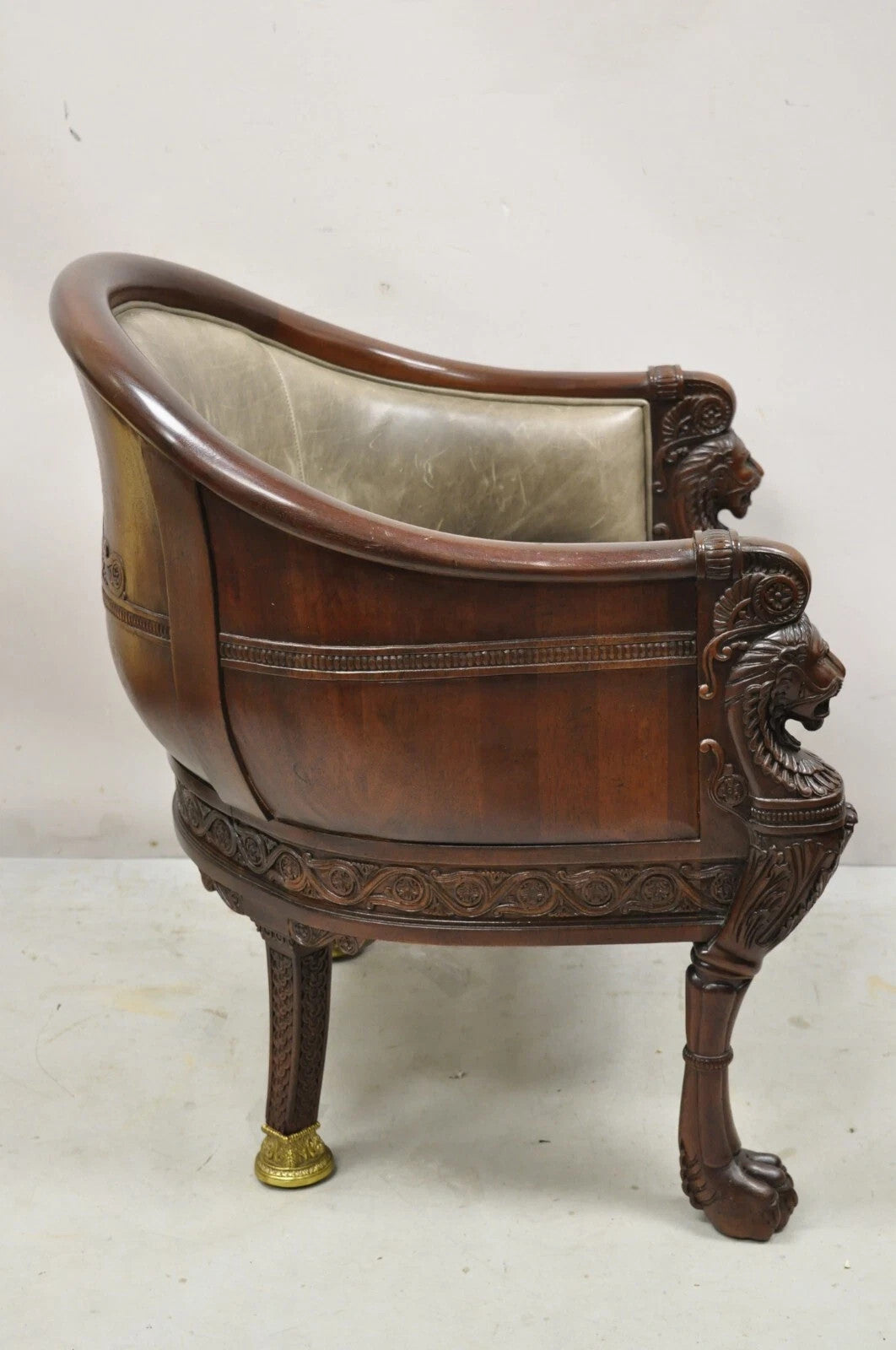 Baker Stately Homes Regency Style Grey Leather Lions Head Pull Up Tub Club Chair