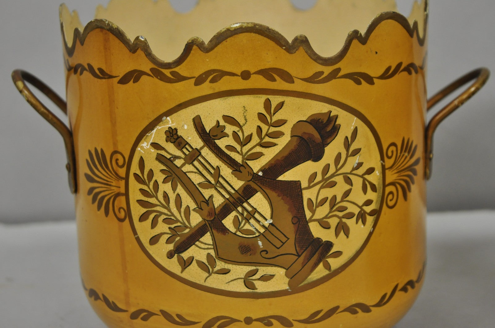 Vintage French Country Tole Metal Yellow Painted Cachepot Planter Vase - a Pair