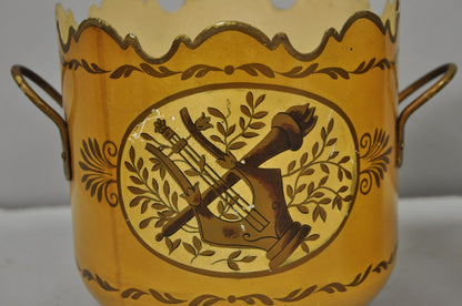 Vintage French Country Tole Metal Yellow Painted Cachepot Planter Vase - a Pair