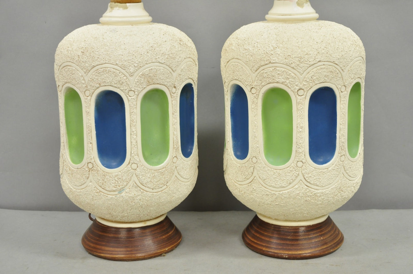 Vintage Mid Century Modern White Blue Ceramic Pottery Teak Table Lamps - a Pair