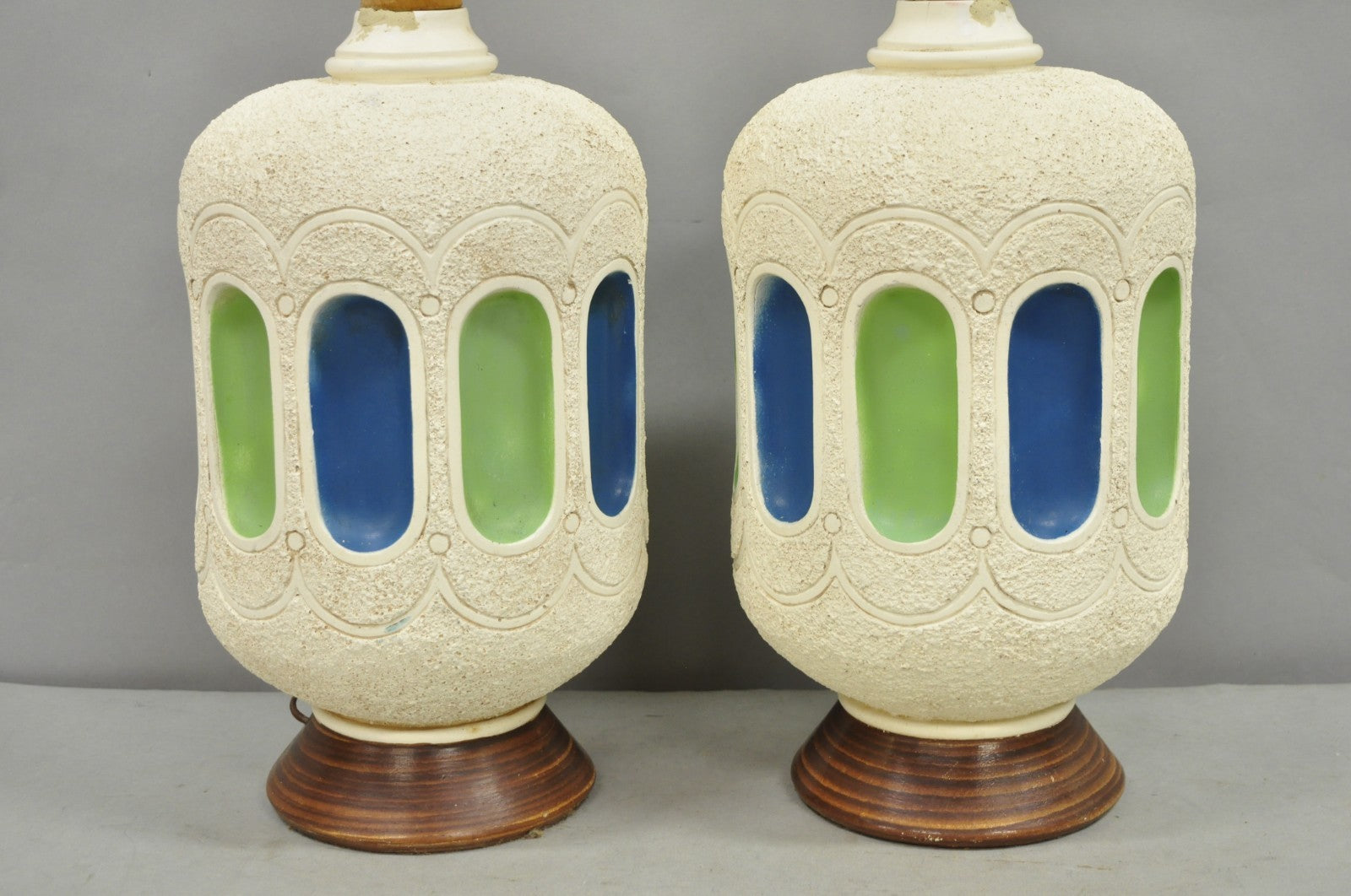 Vintage Mid Century Modern White Blue Ceramic Pottery Teak Table Lamps - a Pair
