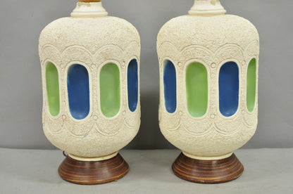 Vintage Mid Century Modern White Blue Ceramic Pottery Teak Table Lamps - a Pair