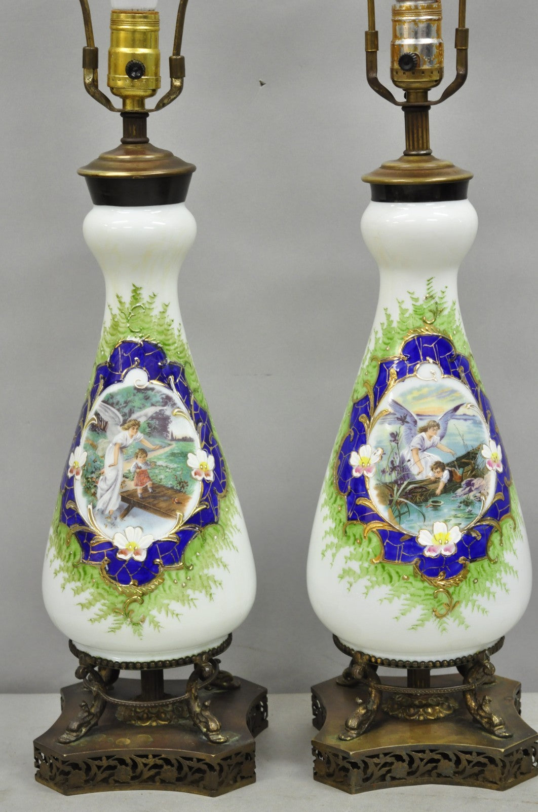 Antique Victorian French Hand Painted Angel and Child Glass Table Lamps - a Pair