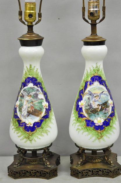 Antique Victorian French Hand Painted Angel and Child Glass Table Lamps - a Pair
