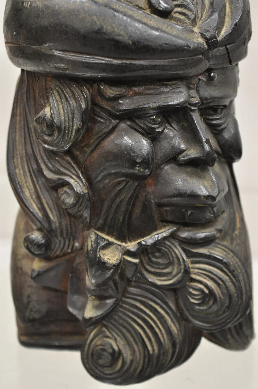 19th C European Black Forest Figural Wood Carved Bearded Man Lidded Tobacco Jar