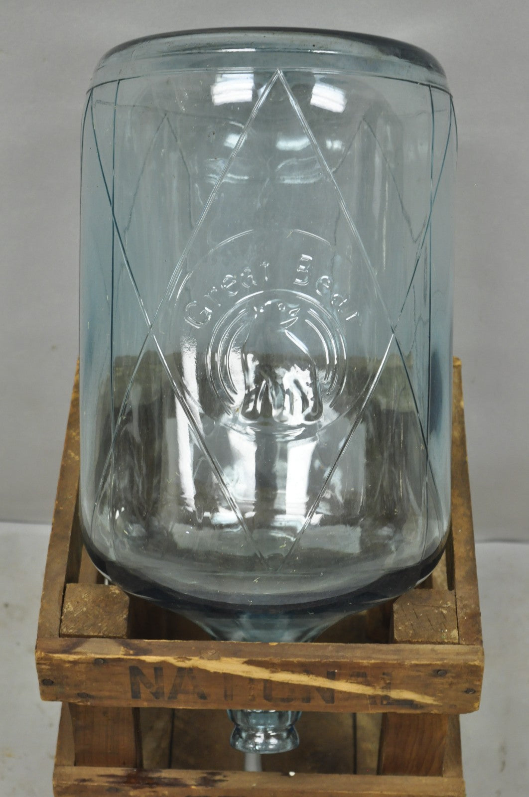 Vintage Great Bear Blue 5 Gallon Glass Carboy Jug in Wooden Crate